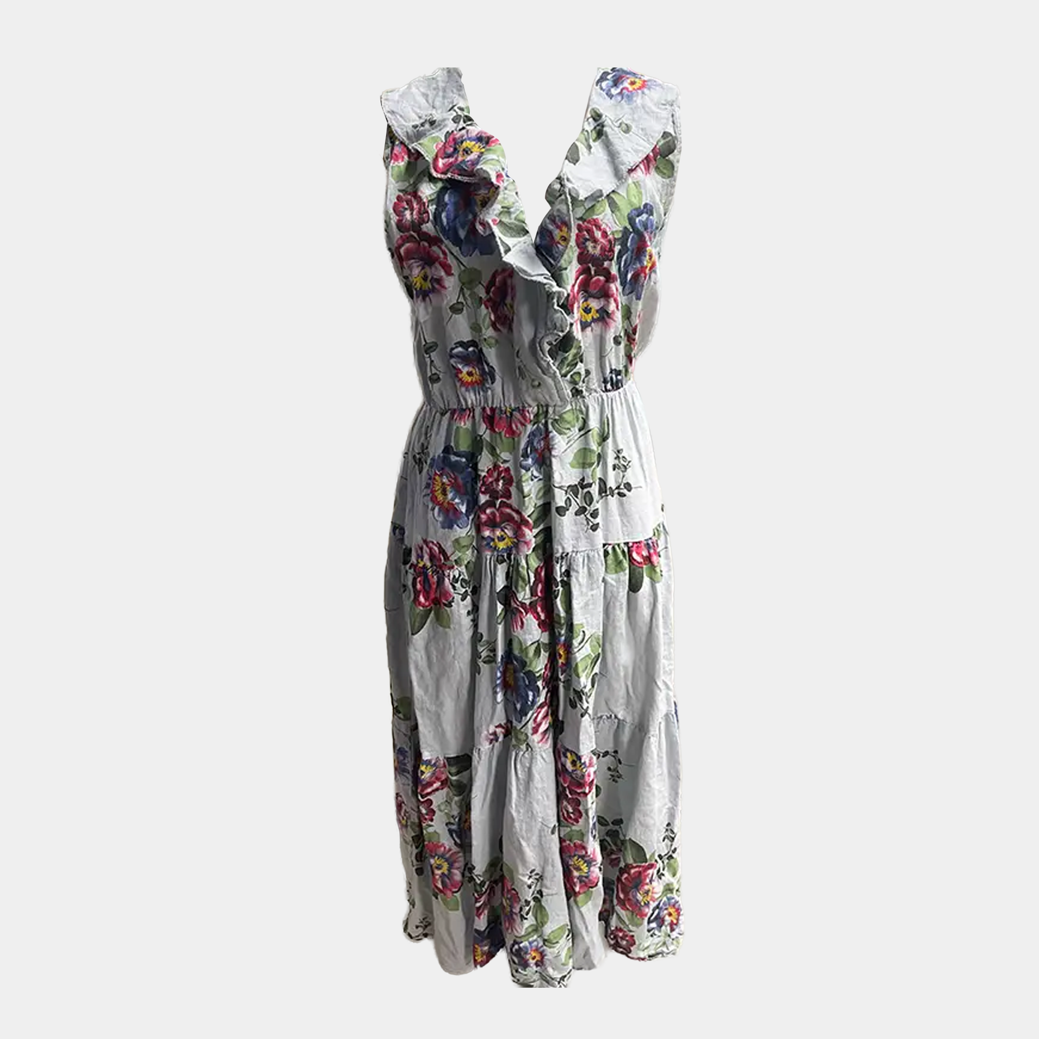 Linen Sleeveless Floral Dress with Ruffle V-Neck in Four Colors