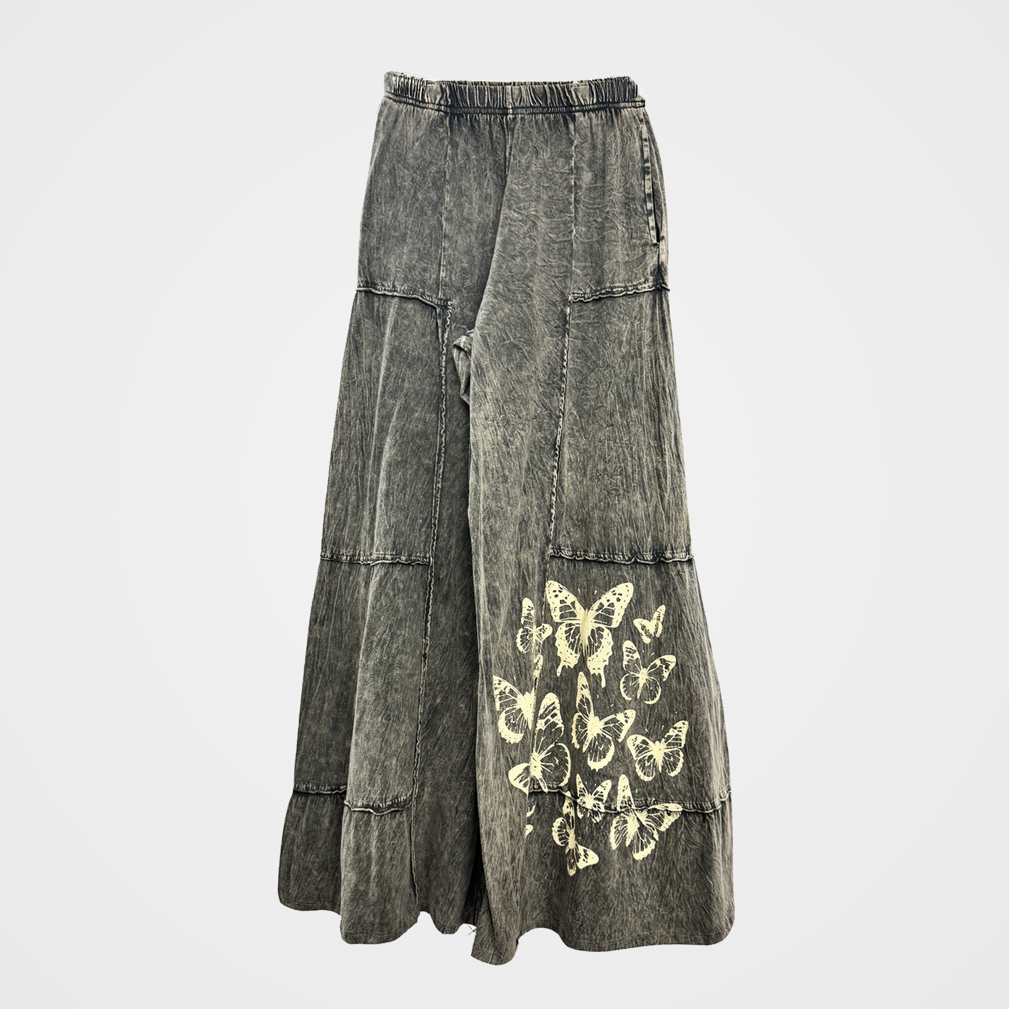 100% Cotton Tiered Wide Leg Pants with Butterflies in Two Colors