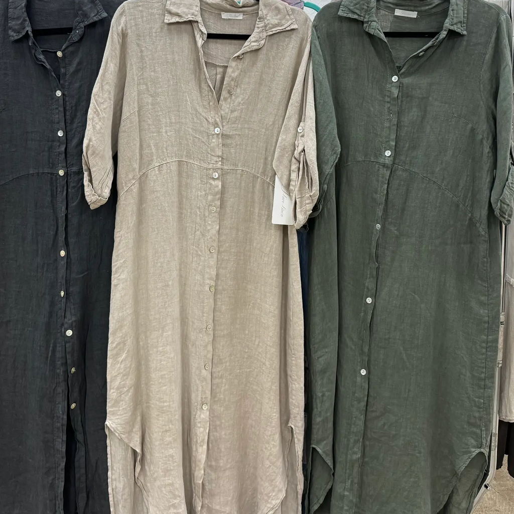 Linen Button-Up Dress with Pockets, Four Color Options