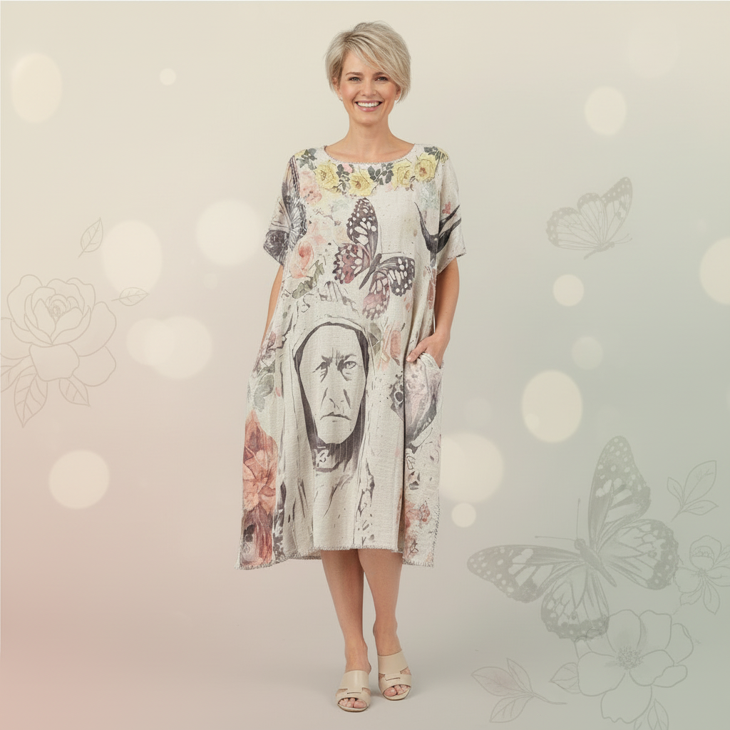 Kaftan Tunic Dress with Sketch of Chief Sitting Bull & Florals