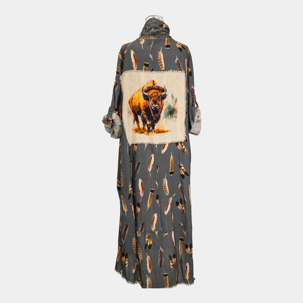 Duster with Bison Printed Patch and Feather Graphics 