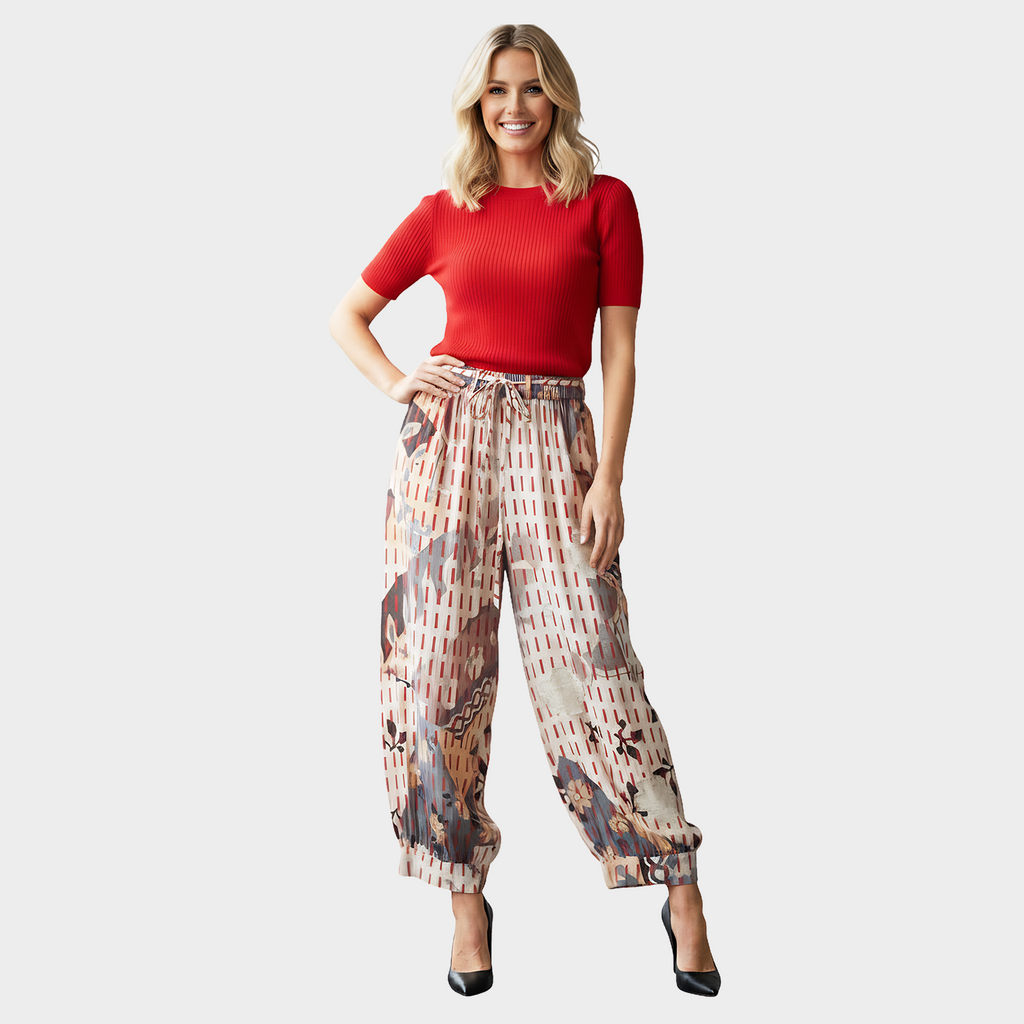 Kantha Pants with Drawstring Waist and Tapered Leg