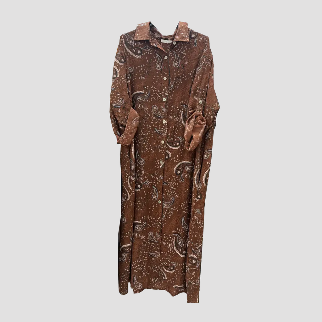 Linen Paisley Button-Up Dress with Sequin Collar in Three Colors