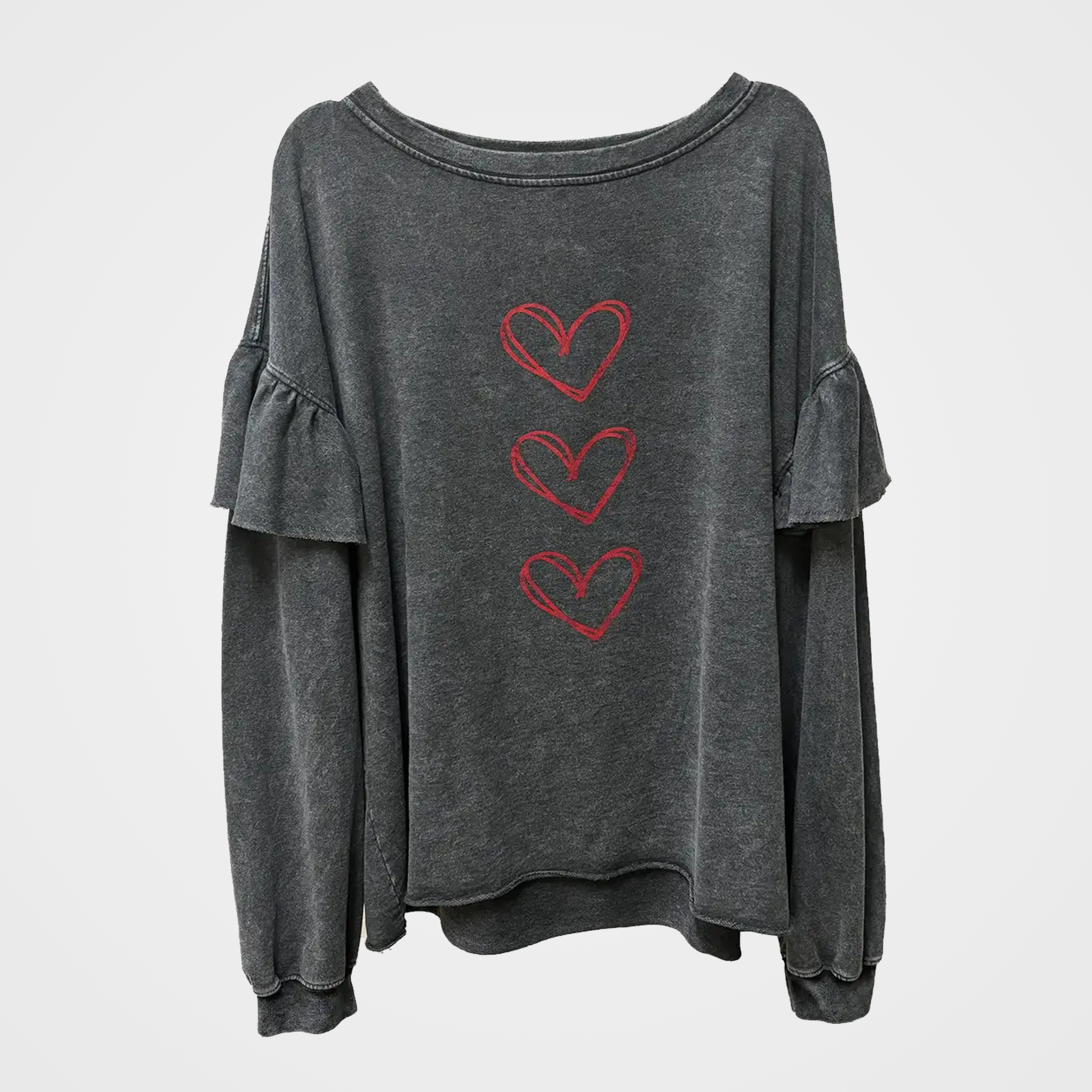French Terry Oversized Ruffle Top with Hearts