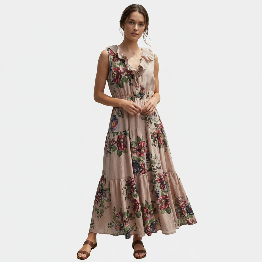 Linen Sleeveless Floral Dress with Ruffle V-Neck in Four Colors