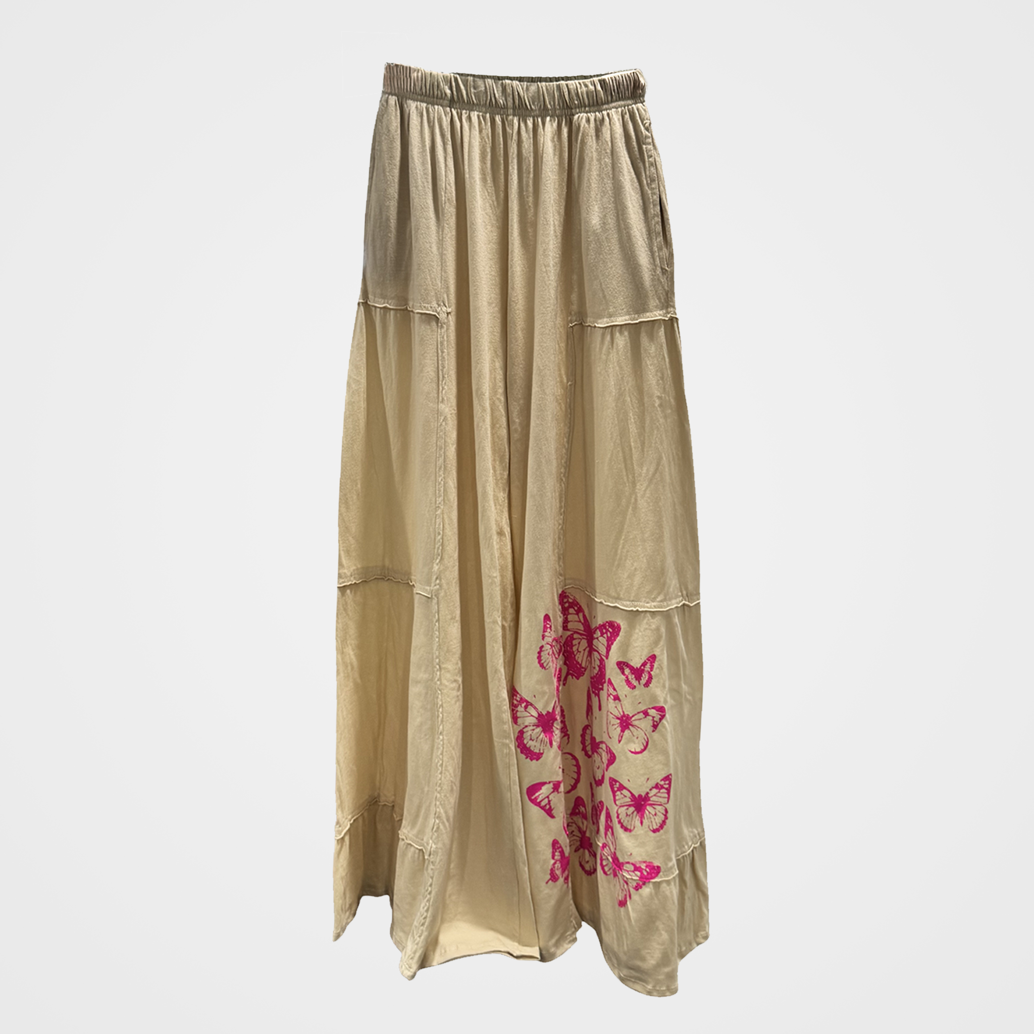 100% Cotton Tiered Wide Leg Pants with Butterflies in Two Colors