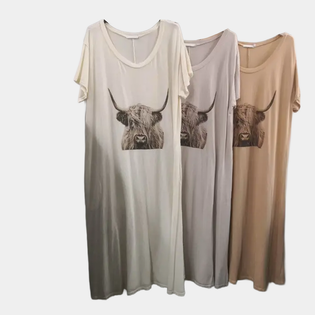 T-Shirt Dress with Highland Cow Print A-Line