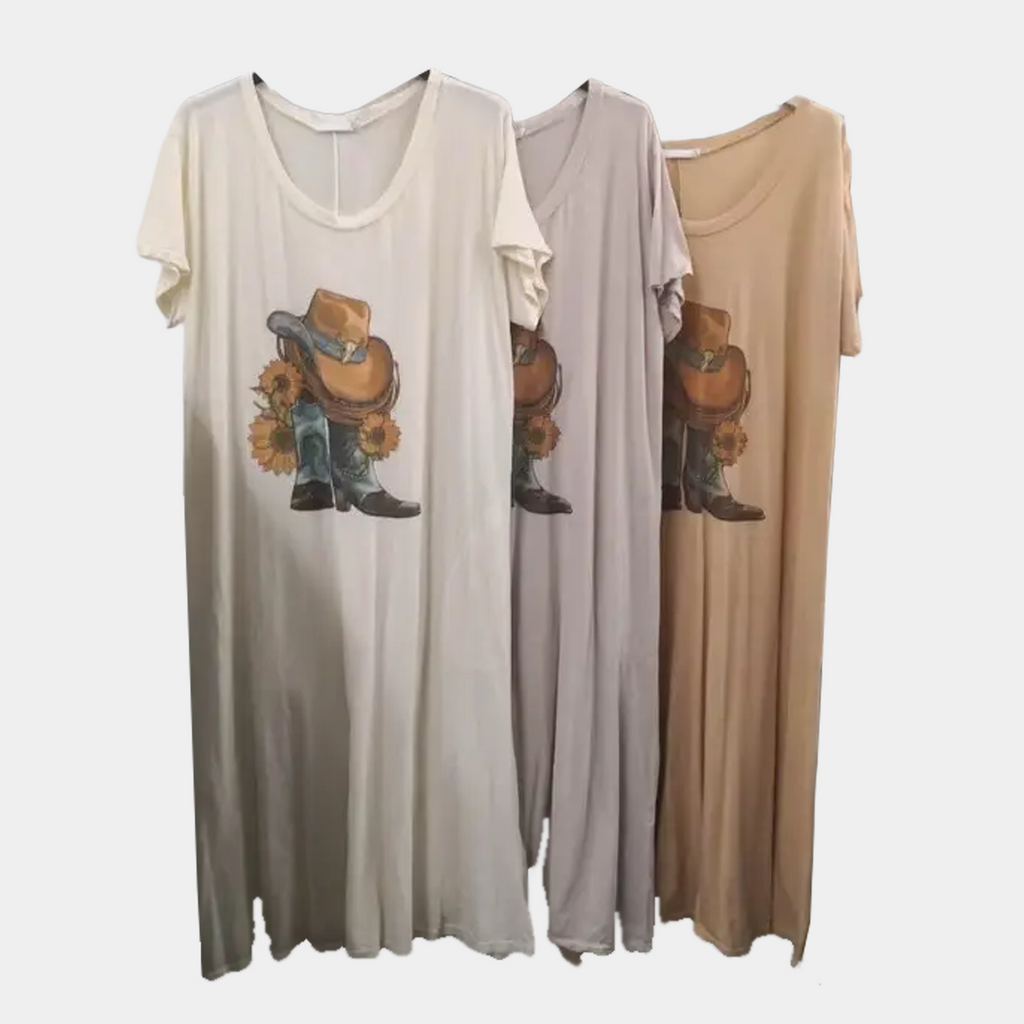 T-Shirt Dress with Hat & Flowered Boots Print A-Line