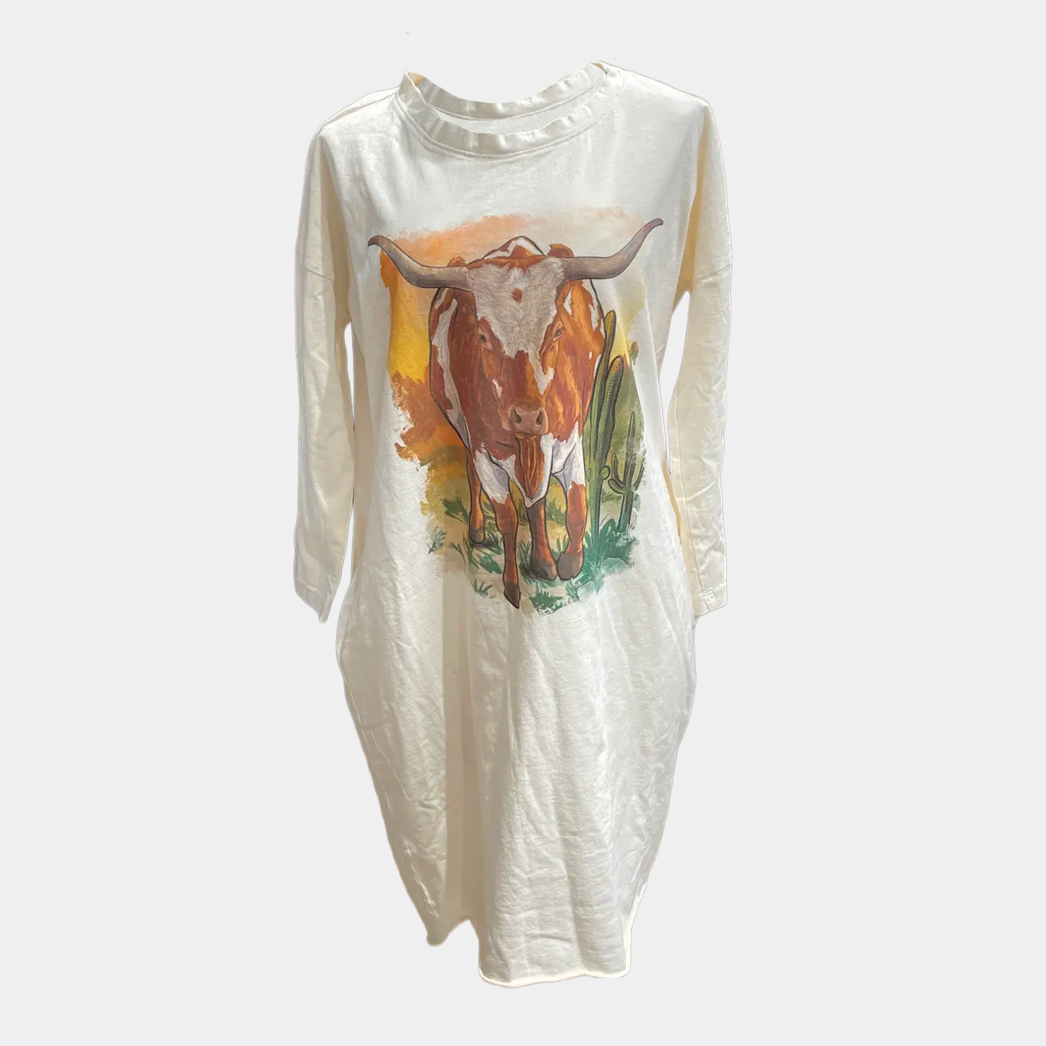 T-Shirt Dress w/Longhorn Print 3/4 Sleeve Ivory
