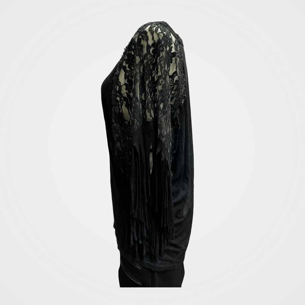 Crew Neck Top with Raglan Sleeves in Lace and Fringe