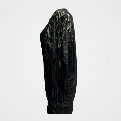 Crew Neck Top with Raglan Sleeves in Lace and Fringe