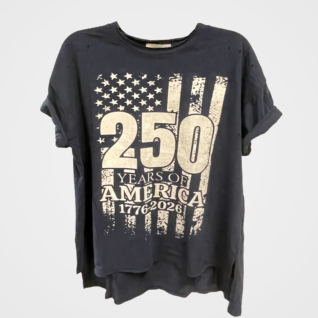 A faded black short-sleeve t-shirt featuring a distressed graphic of the American flag with '250 YEARS OF AMERICA 1776-2026' printed in cream on the front.