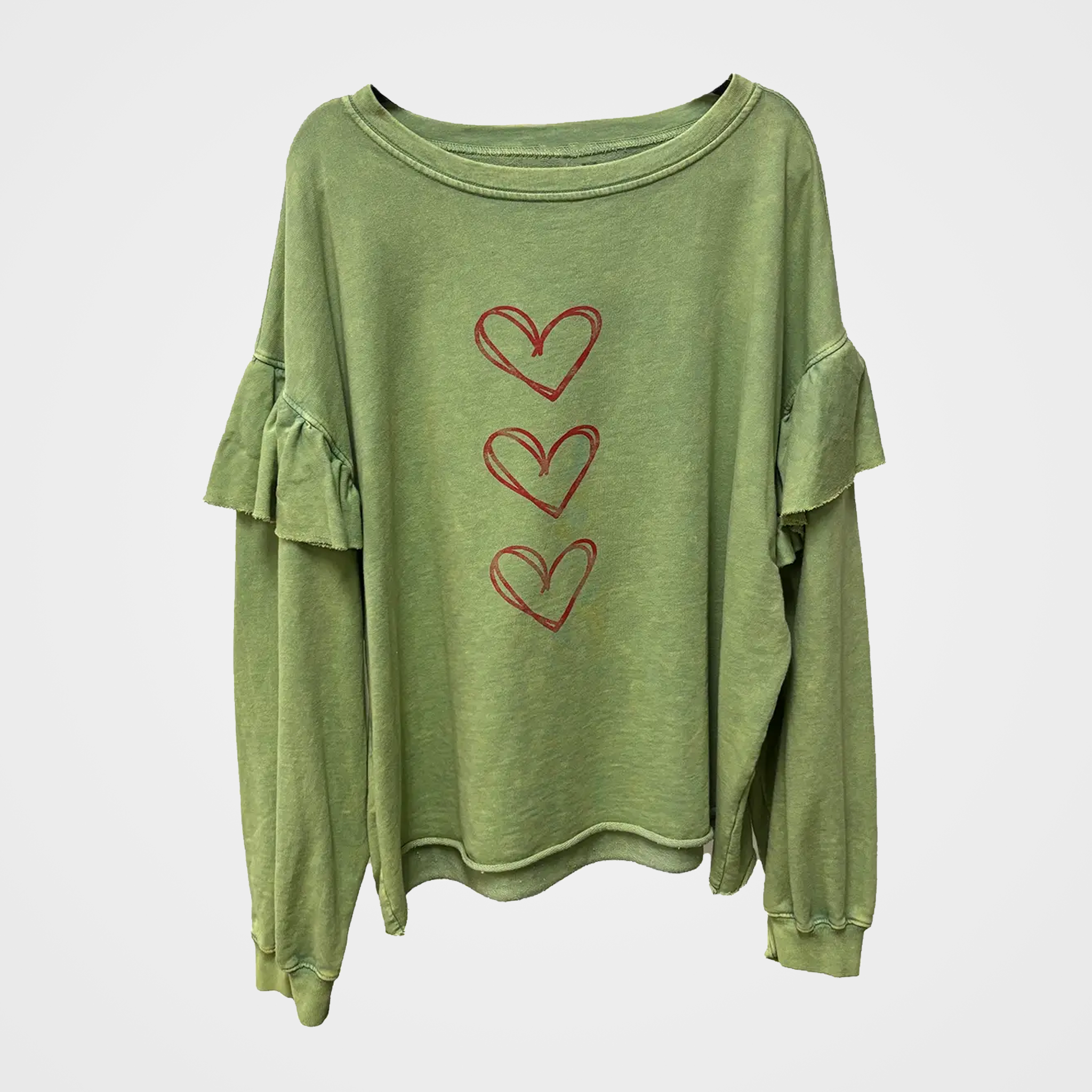 French Terry Oversized Ruffle Top with Hearts