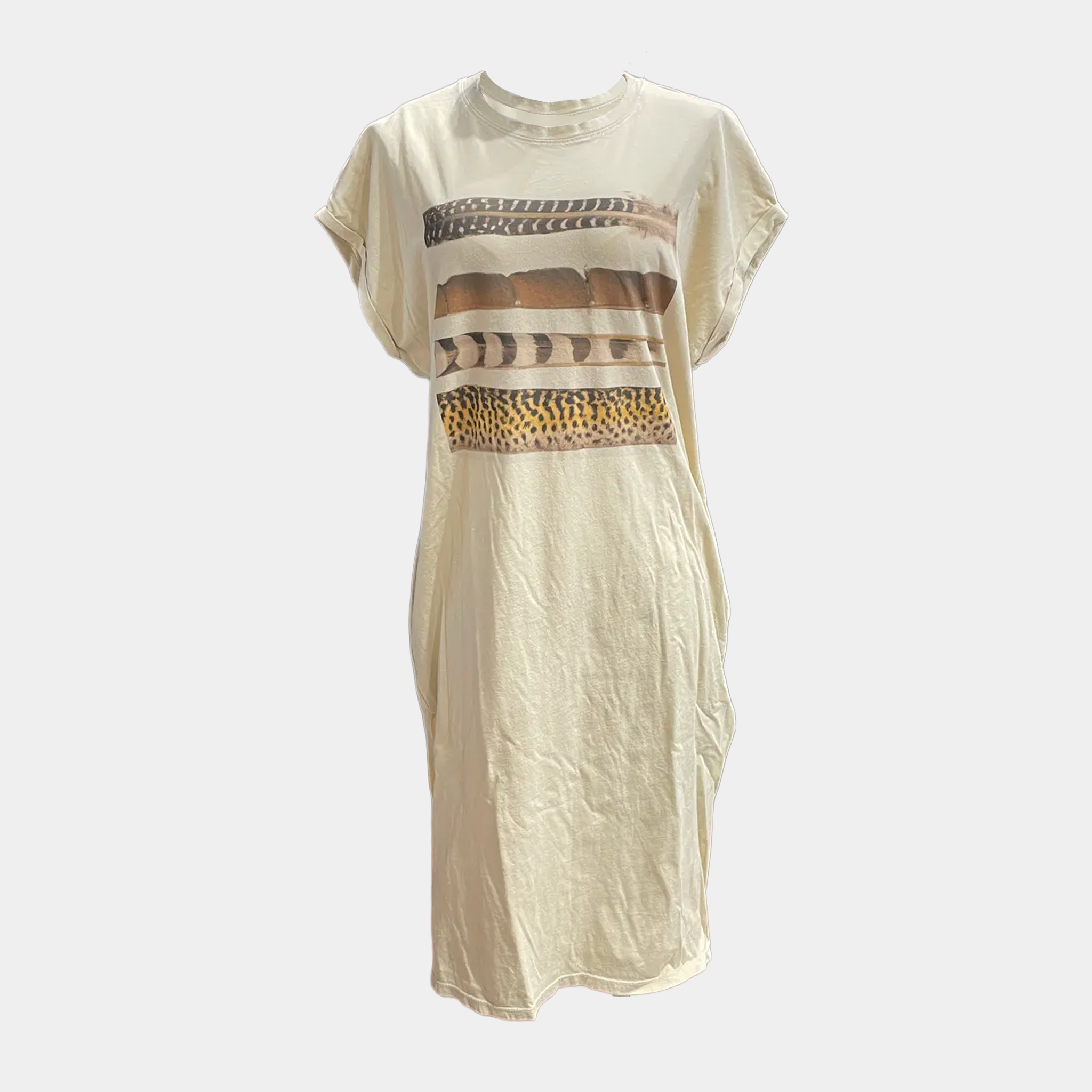 T-Shirt Shift Dress with Horizontal Feathers Print