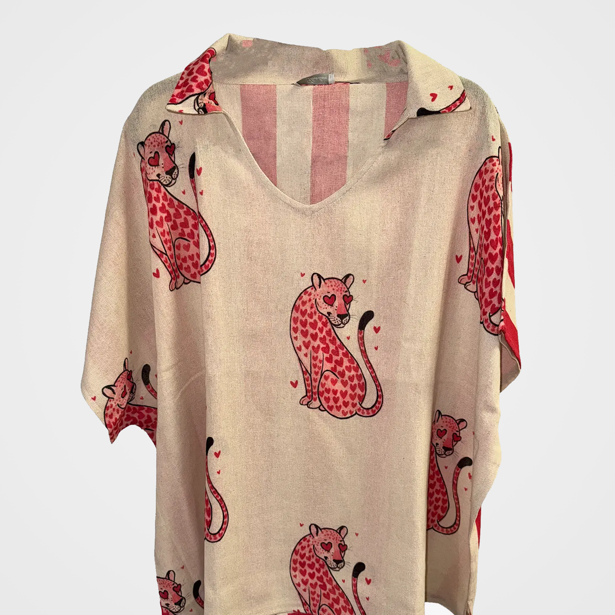 Oversized Cotton Collared Top with Cheetah Hearts & Stripes