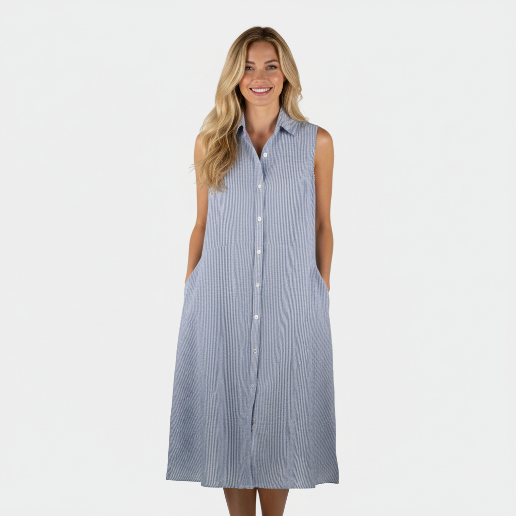 Linen sleeveless Dress in Light Blue Pinstripes