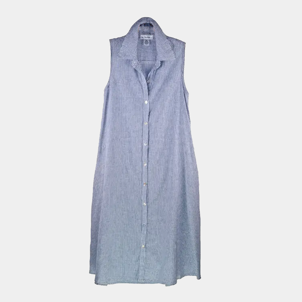 Linen sleeveless Dress in Light Blue Pinstripes
