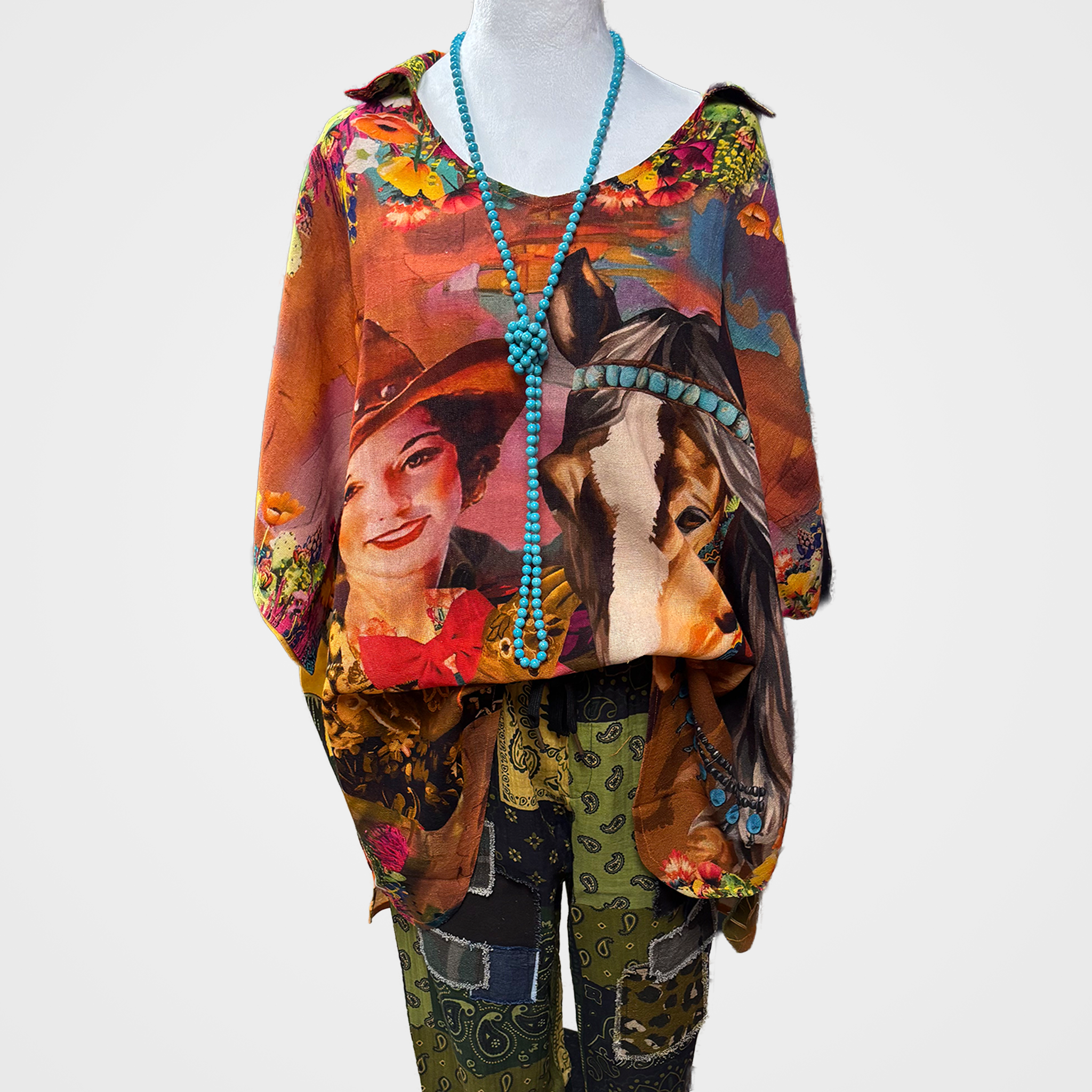 Oversized Collared Top with Vintage Cowgirl & Horse Print