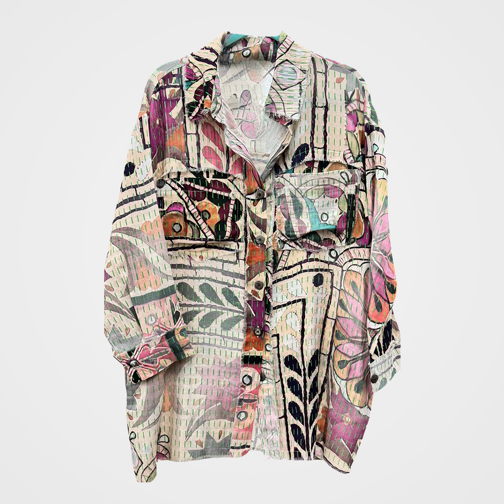Kantha Print Button-UpTop w/Patch of Chief Joseph on Back