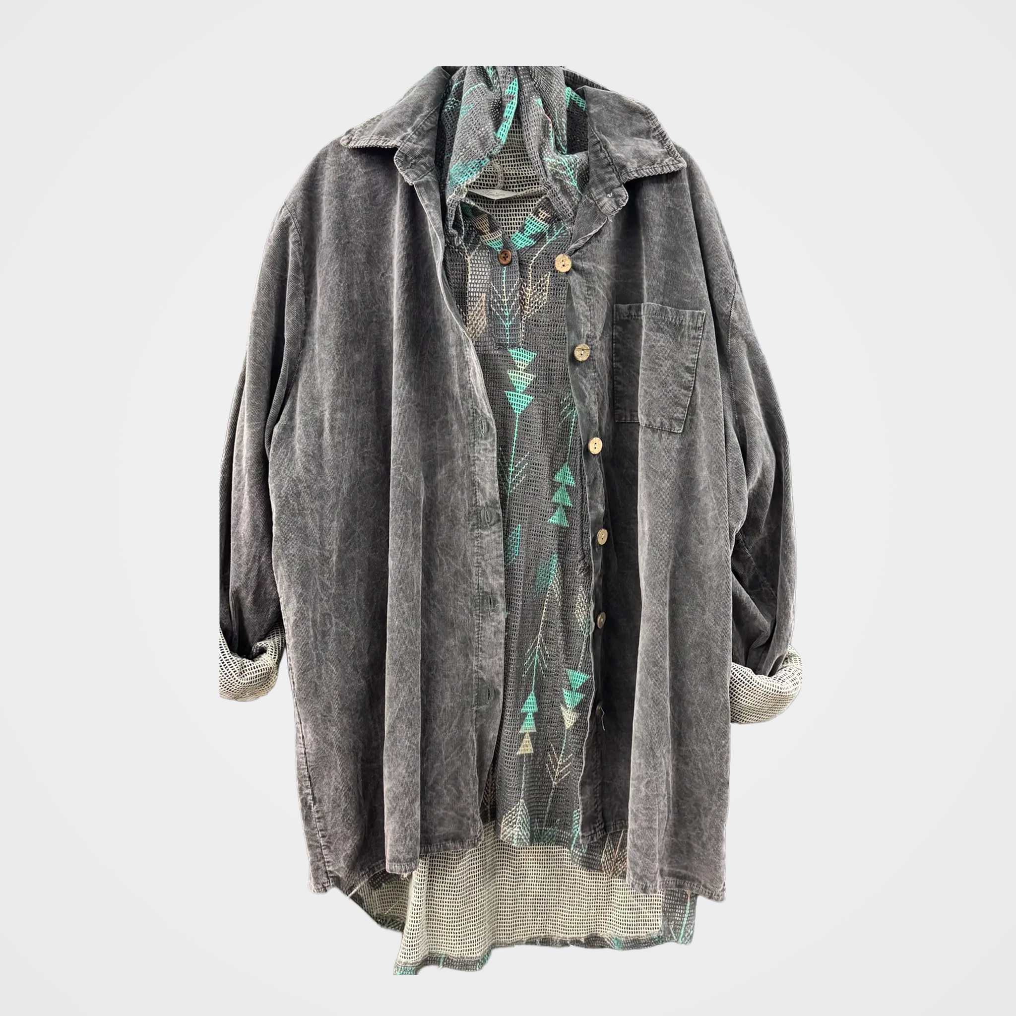 Button-Up Cotton Corduroy Mineral Washed Shirt in Gray