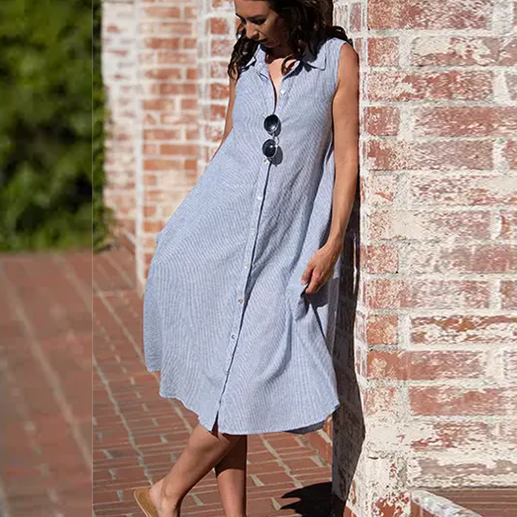 Linen sleeveless Dress in Light Blue Pinstripes