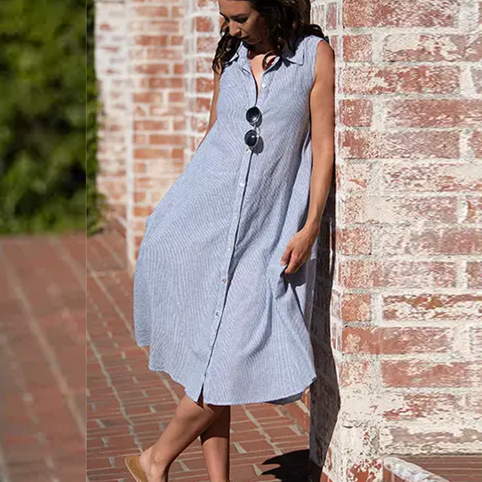 Linen sleeveless Dress in Light Blue Pinstripes