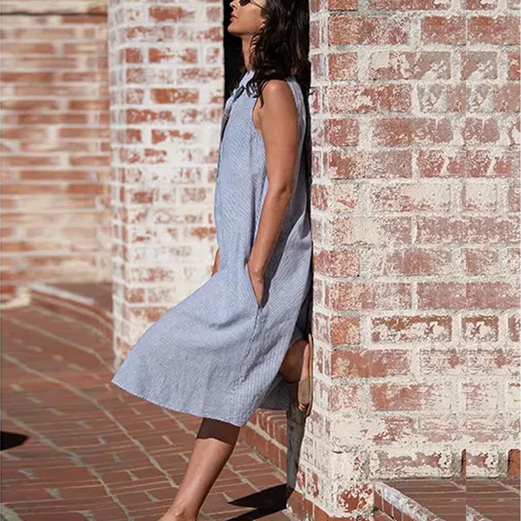 Linen sleeveless Dress in Light Blue Pinstripes