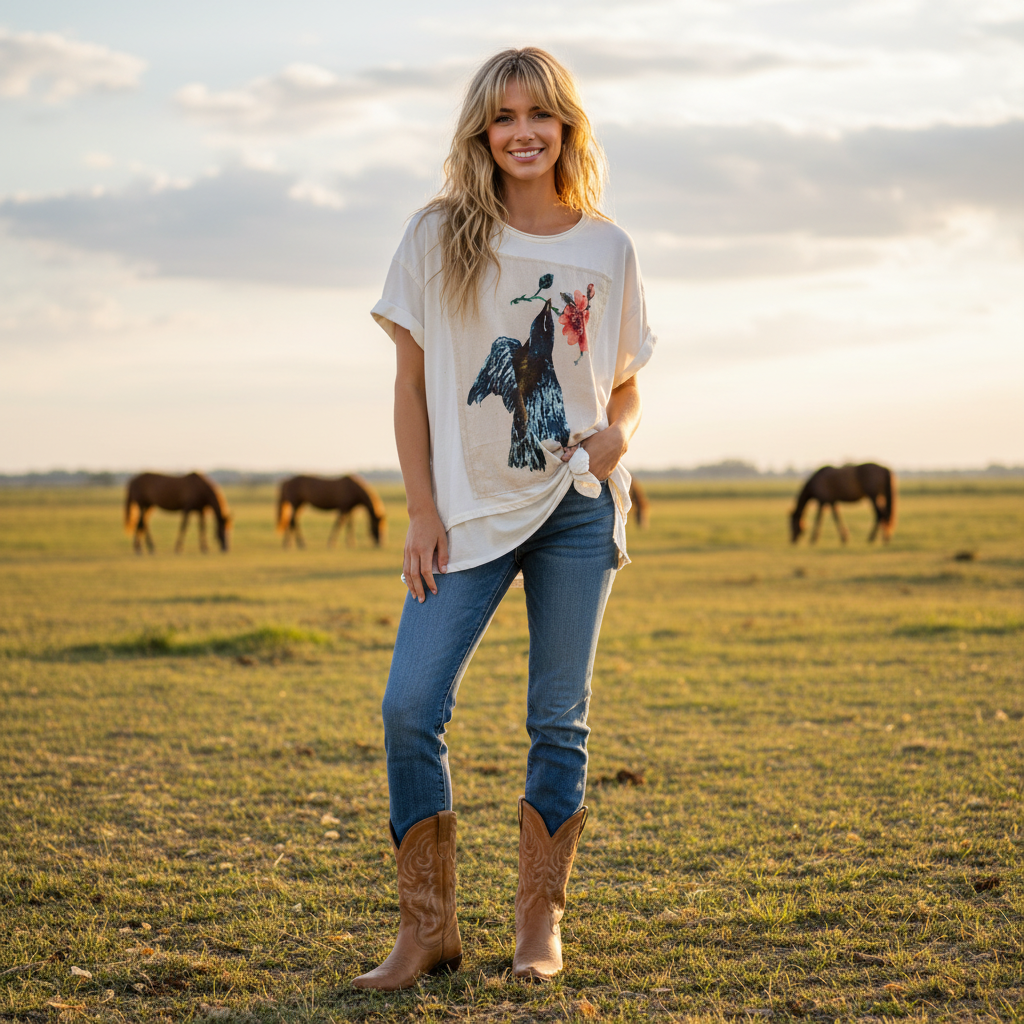 An off-white short-sleeve t-shirt featuring a central square patch with a painted bird and flower design, displayed on a female model against a ranch horse background.