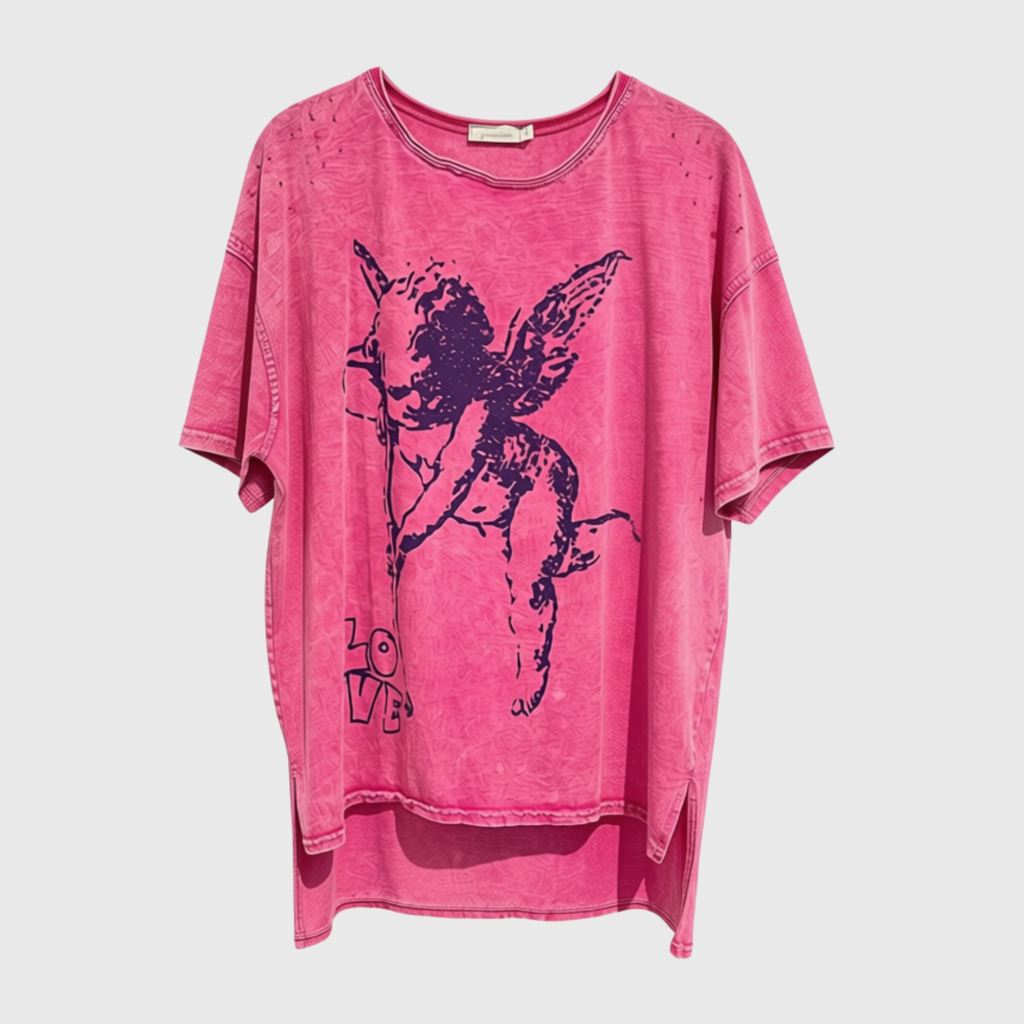 Distressed Tee with Cupid Print in 3 Colors