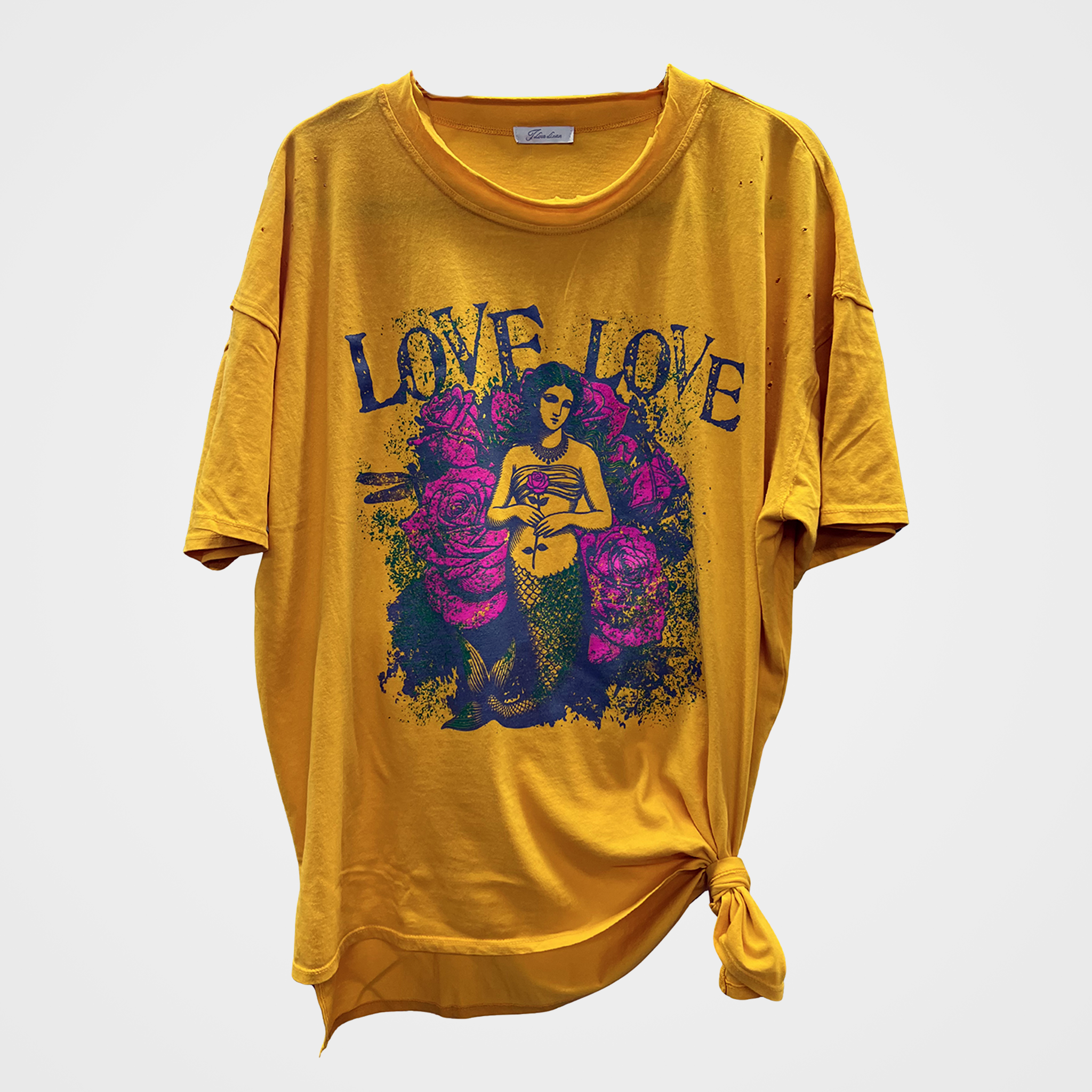 Distressed Tee with "Love Love" Type & Mermaid w/Roses Graphic