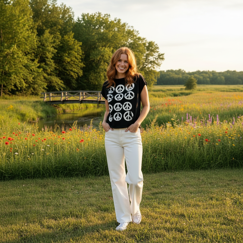 A black short-sleeve t-shirt with a grid of distressed white peace signs printed on the front, displayed on a young woman in a country setting.