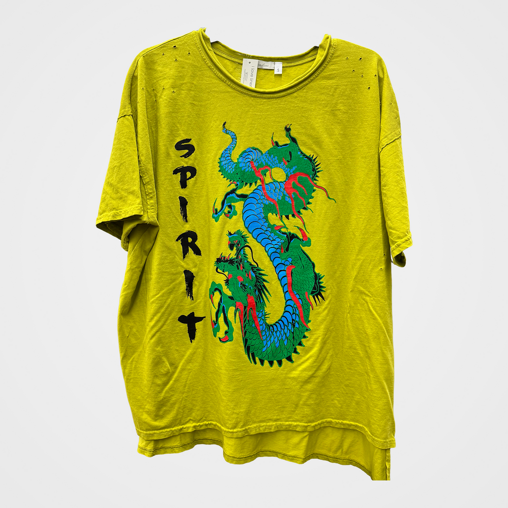 Distressed Tee with Spirit Dragon Print in Chartreuse