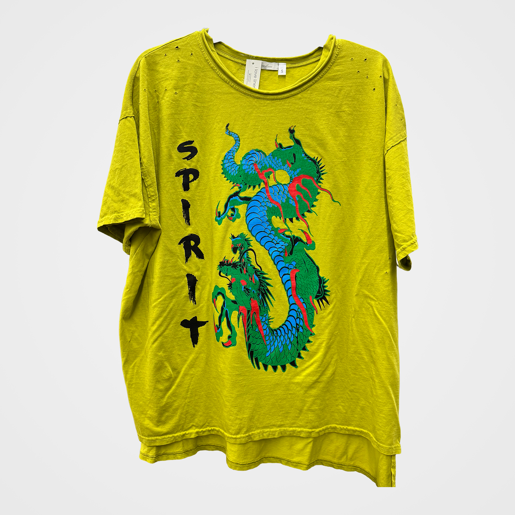 Distressed Tee with Spirit Dragon Print in Chartreuse
