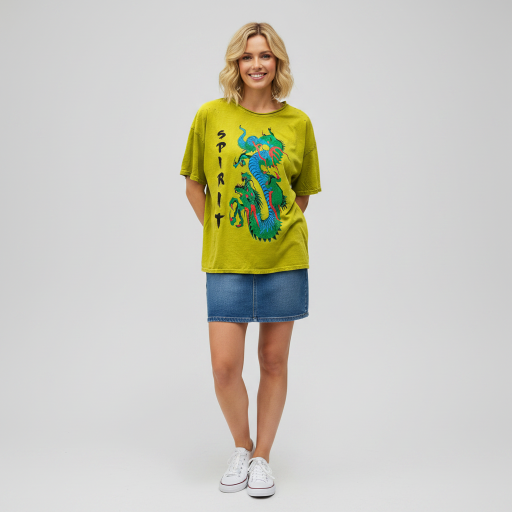 Distressed Tee with Spirit Dragon Print in Chartreuse