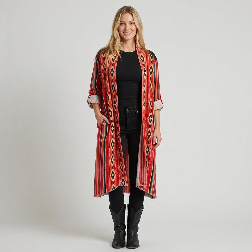 A vibrant red open-front cardigan featuring vertical stripes and geometric diamond patterns in black, green, and yellow, with brown shoulder patches and a light pink lining, displayed on a neutral light gray background.