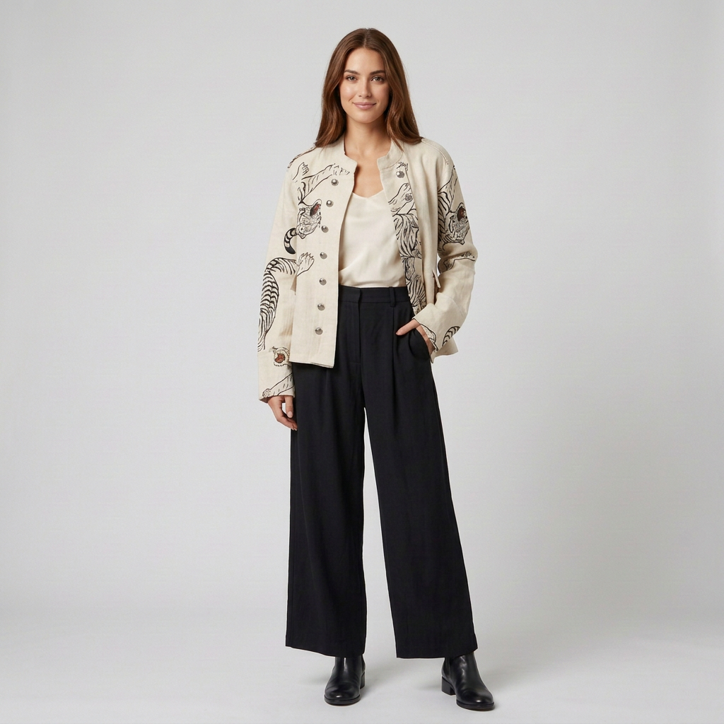 Open-Front Military-Inspired Jacket with Tiger Print