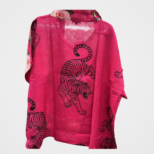 Collared Blouse with Floral on Front, Tiger on Back