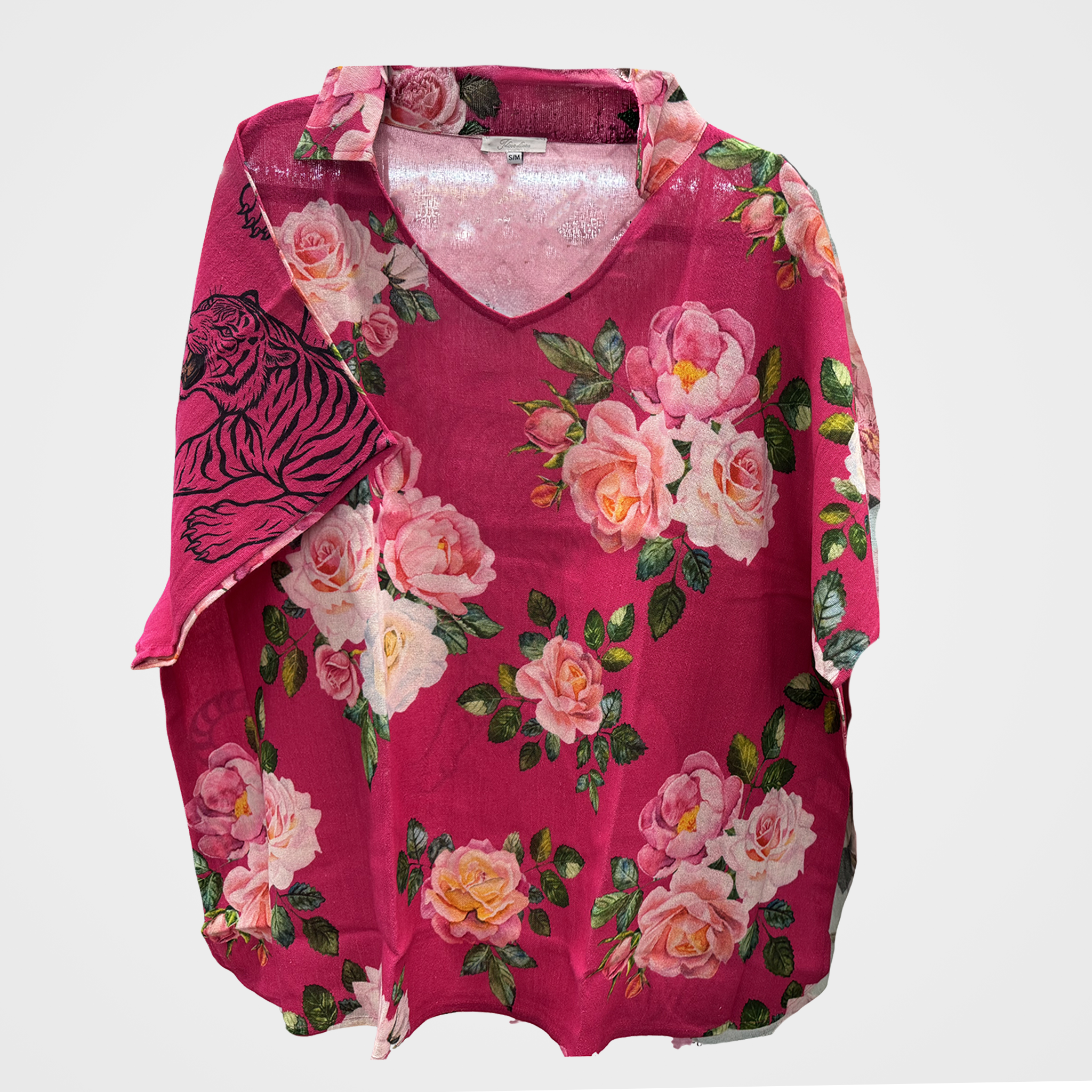 Collared Blouse with Floral on Front, Tiger on Back