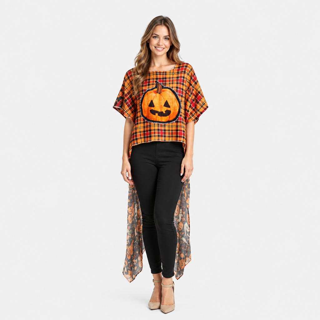 Woman wearing a hi-low tunic with a pumpkin design on a plain background and halloween designs on the back