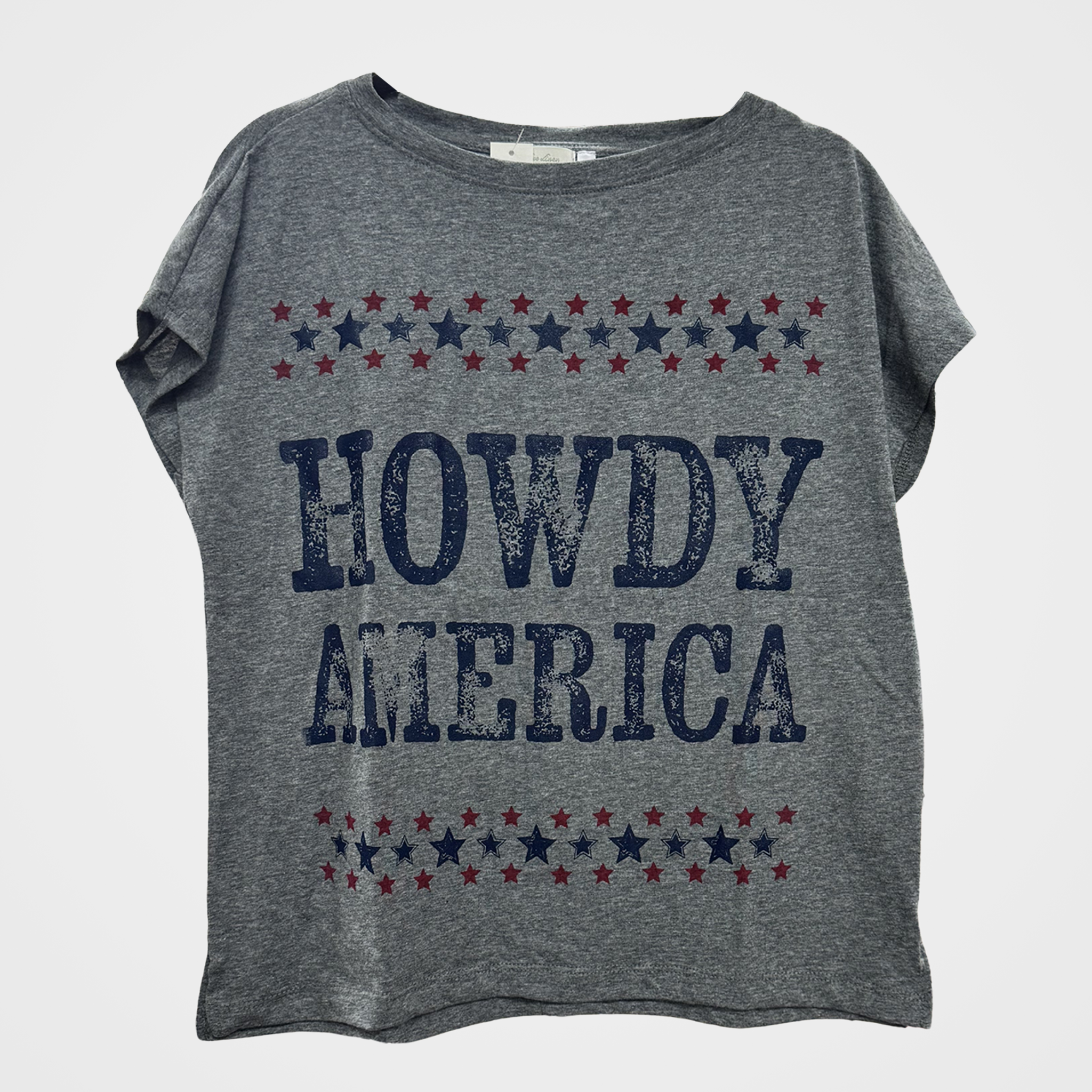 Gray crew neck tee in heather gray with the words Howdy America printed in blue and stars in blue and red.