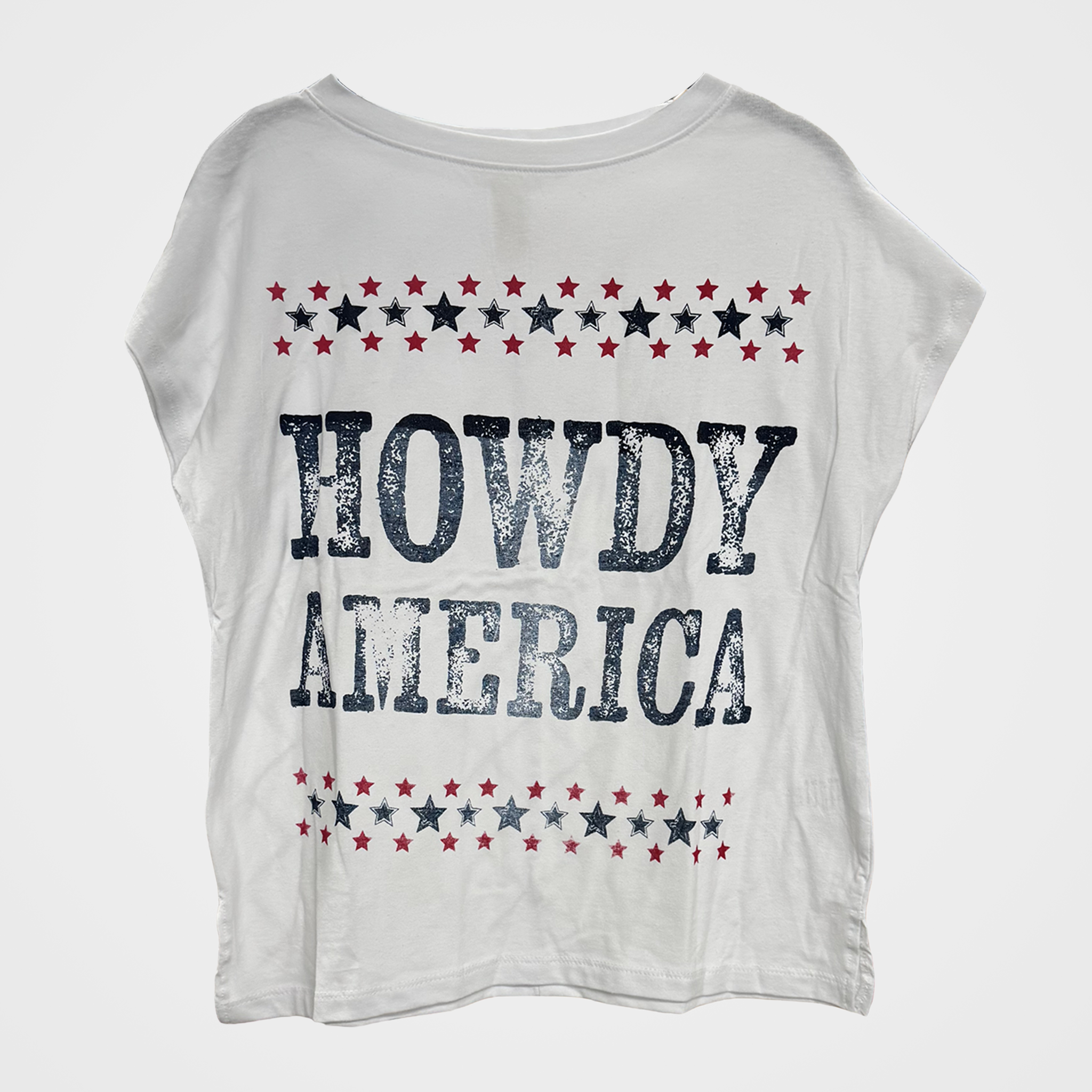 White sleeveless shirt with 'HOWDY AMERICA' text and star design on a white background