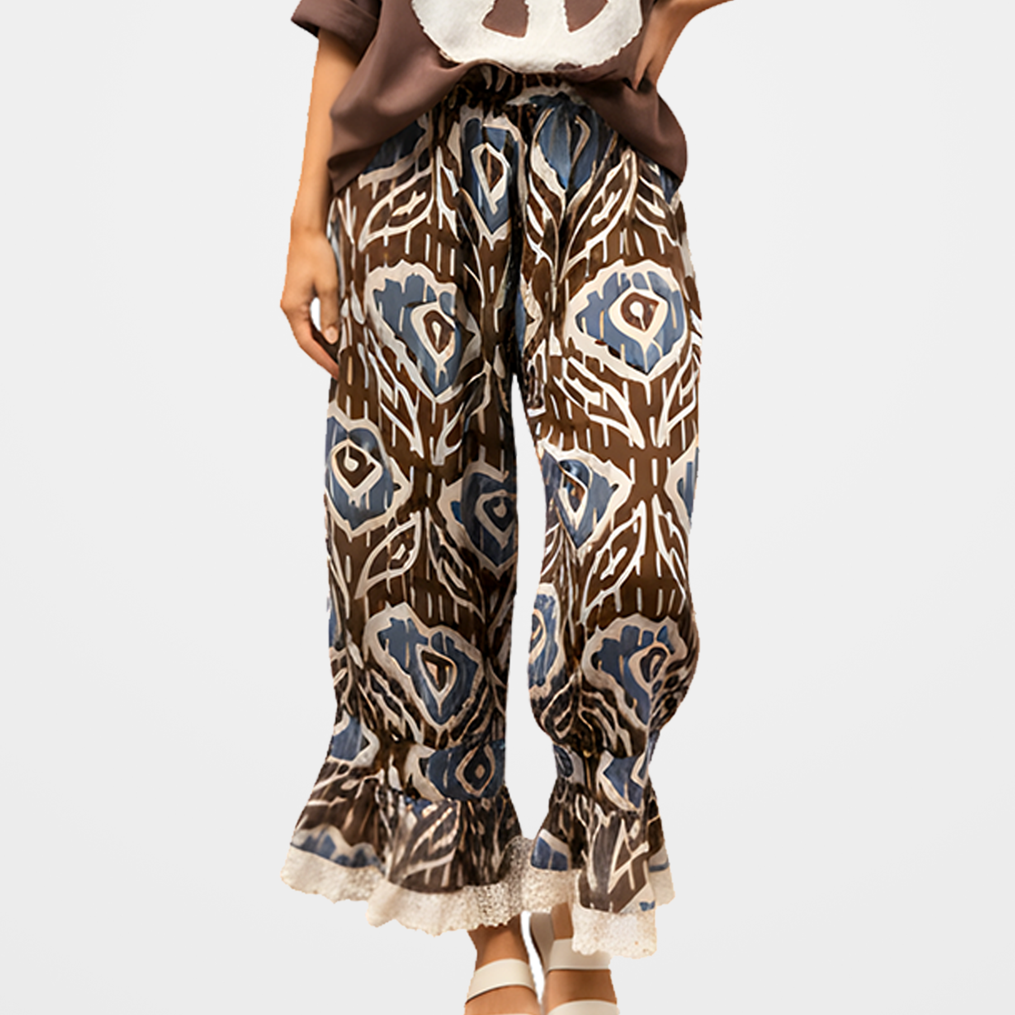 Pants with Ikat-Inspired Pattern with Ruffled Lace Trim