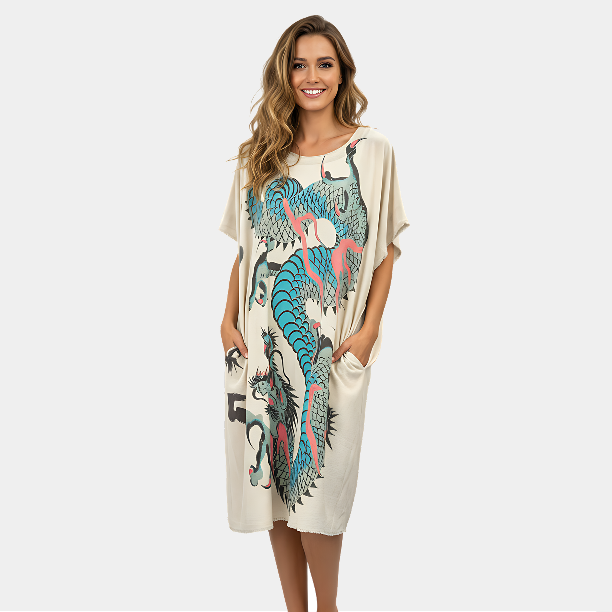 Kaftan Tunic Dress with Dragon Print