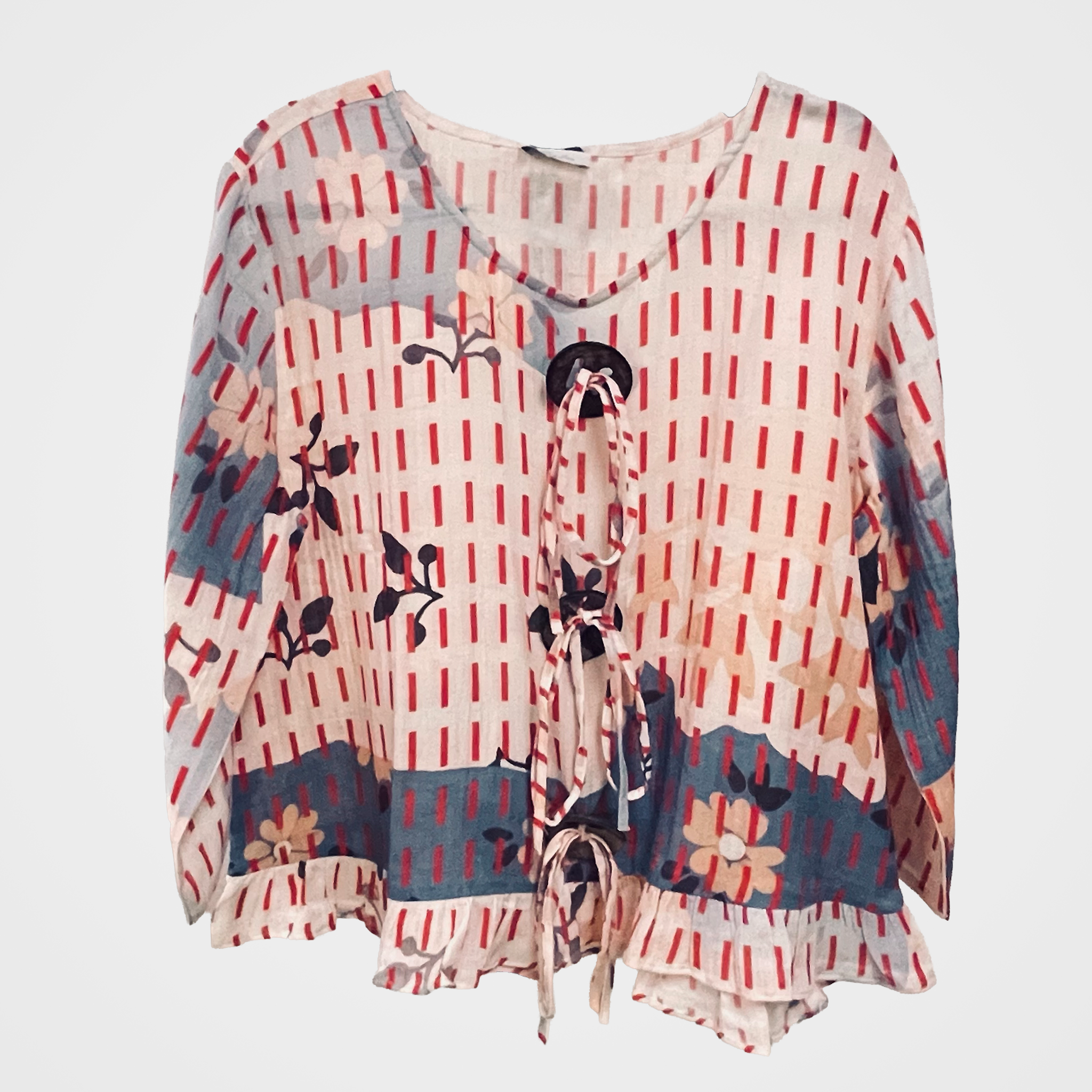 Kantha-Stitch with Floral Motifs Ruffle Hem Blouse | $42 Each