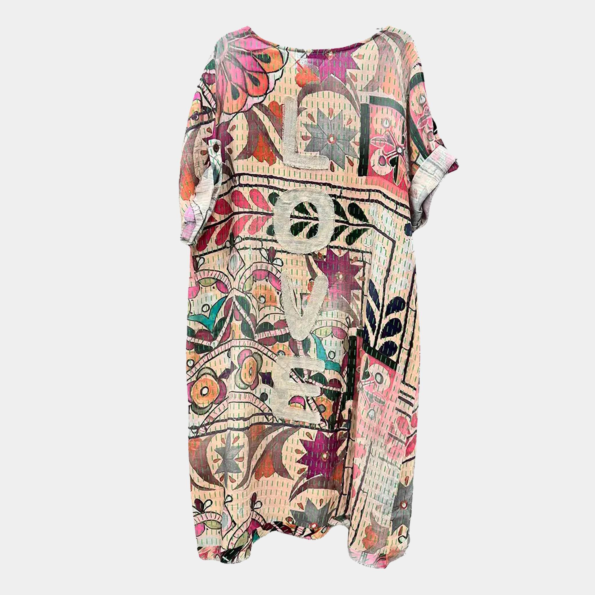 Kantha Print Asymmetrical Dress with Front Slit