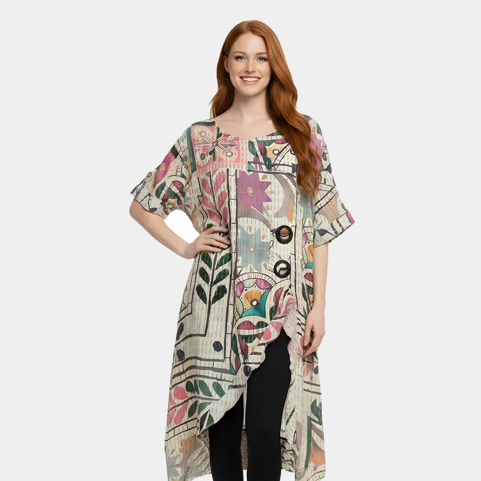 Kantha Print Asymmetrical Dress with Front Slit