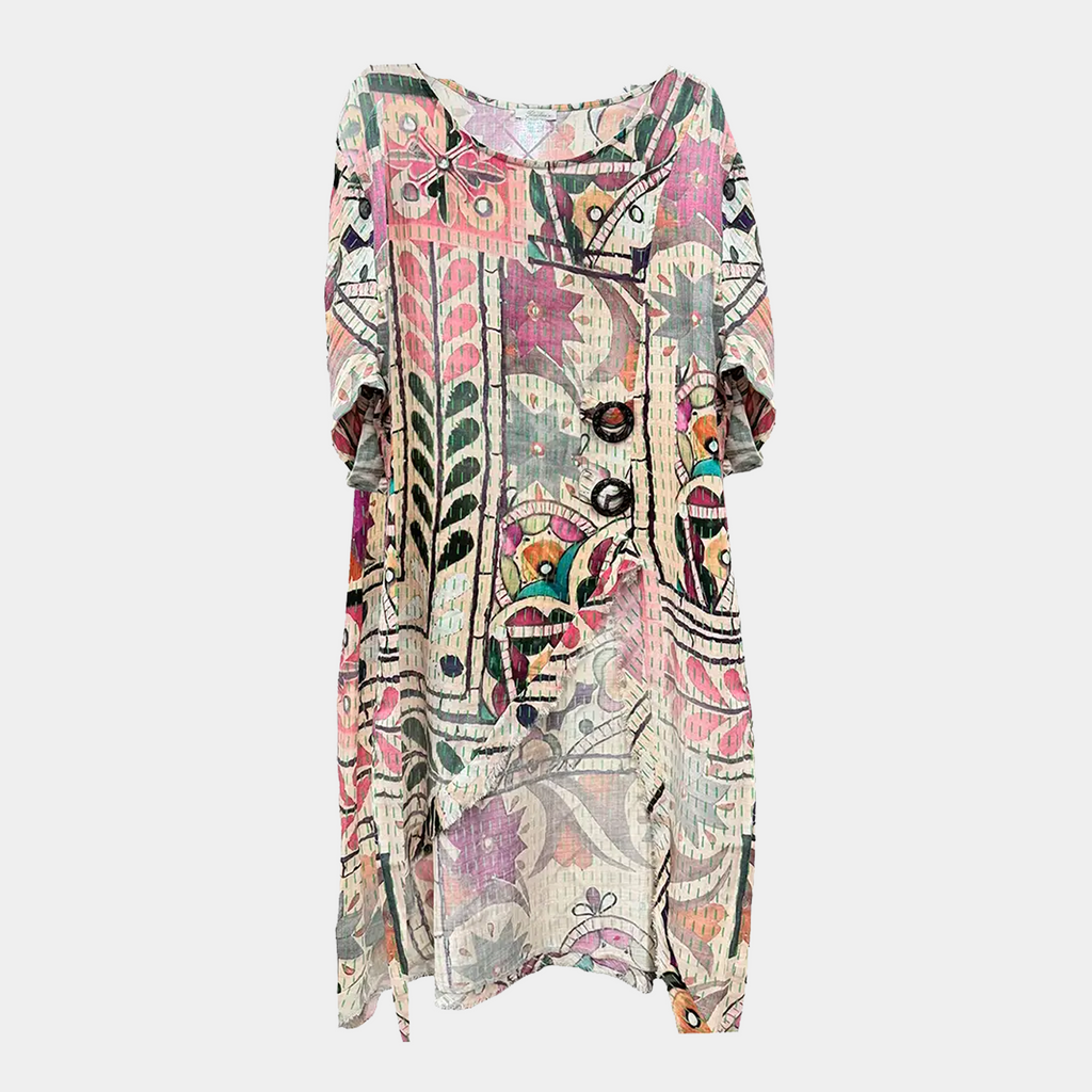 Kantha Print Asymmetrical Dress with Front Slit