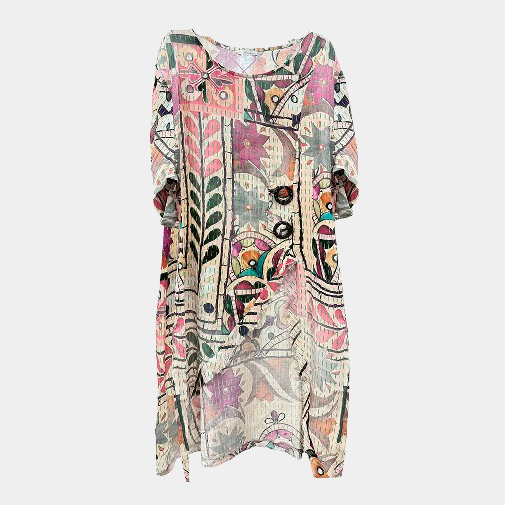 Kantha Print Asymmetrical Dress with Front Slit