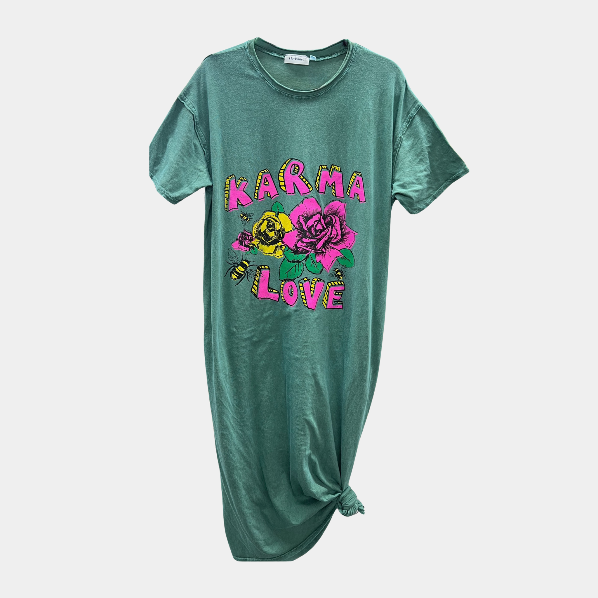 T-Shirt Dress with 'Karma Love' Print in Green