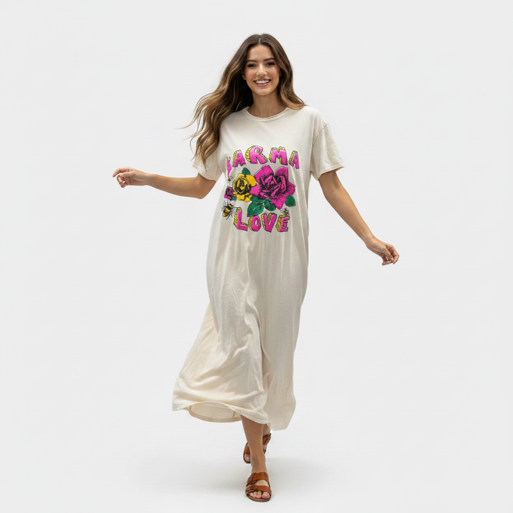 T-Shirt Dress with 'Karma Love' in Ivory | $39 Each